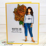 Card of the girl holding an orange rose on a bright yellow background, 'you can do hard things'.