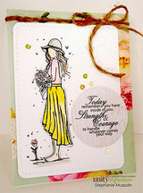 AngieGirl in a yellow skirt holding blooms, 'today remember you have strength & courage'.