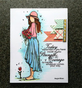 AngieGirl in a hat holding flowers on a watercolor card, 'today remember you have strength & courage'.