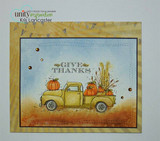 Fall card with a vintage truck full of pumpkins and cornstalks over 'GIVE THANKS.'