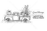 Red-rubber Great Blessings stamp — a vintage truck piled with pumpkins and cornstalks with sentiments 'Great Blessings' and 'GIVE THANKS.'