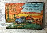 Autumn scene card with a blue truck of pumpkins by a fence and a reflective fall sentiment.