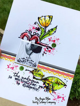Art journal page in bright pink, yellow and green with a photo and stamps from other sets