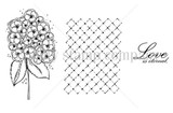 Stamp sheet: a hydrangea bloom on a single stem with leaves, a dashed chicken-wire background, and the script sentiment 'Love is eternal'