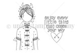 Line-art stamp of the itty bitty Planner Gal with 'enjoy every little thing that comes your way'.
