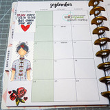 Itty bitty Planner Gal decorating a September planner page, 'enjoy every little thing that comes your way'.