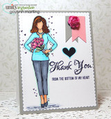 Grey card with the girl colored in a blue top and denim holding pink tulips, stamped 'Thank You FROM THE BOTTOM OF MY HEART' beside a rose and banner.