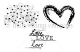 Stamp sheet: a speckled rectangle scattered with small hearts, a large brushstroke heart outline, and the stacked sentiment 'Love LOVE love' in three fonts.