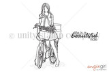 Outline stamp sheet of a stylish young woman riding a bicycle with a flower basket, beside "life is a beautiful ride."