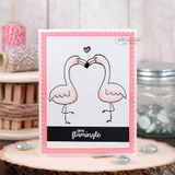 Handmade card with two flamingos mirrored to face each other beak to beak, with "Let's flamingle". Made using the Mirror Stamping Tool.