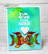 Handmade card with two koi fish mirrored nose to nose over teal water, with "If love was water I'd give you the sea."