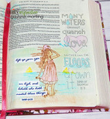 Mixed-media journal page using an image transferred with the Mirror Stamping Tool, with "Many waters cannot quench love."