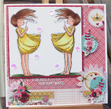 Handmade card with two girls mirrored side by side in yellow dresses, with a dreamy ocean sentiment.