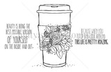 Line-art stamp of a coffee travel mug topped with a bouquet of spring flowers beside an inspirational sentiment about being your best self.