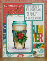 Bright card with the blossoming mug on a 'Summer Memories' patterned panel and the 'beauty is being the best version of yourself' sentiment.