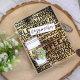Card with the mug stamped over a bold word-collage 'Cozy Vibes' background.