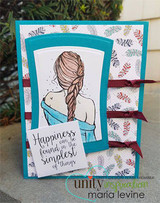 Teal card with the braided girl, stamped 'Happiness can be found in the simplest of things.'