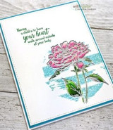 Card with a soft pink peony on aqua wash and 'Having a child is to have your heart walk around outside of your body.'