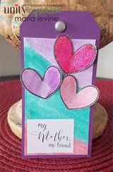 Purple tag card with pink and lavender hearts and 'my Mother, my friend.'