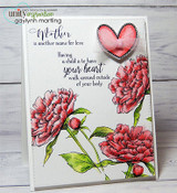 Card with a cluster of red-pink peonies, a puffy heart, and 'Mother is another name for love.'