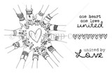 United by Love stamp sheet: a ring of hands wearing bracelets and rings reaching toward a heart in the center, a row of small hearts, 'one heart one love united' and 'united by Love'.