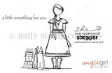 Stamp sheet: Eryn girl, a faceless girl in a short-sleeve top, embroidered skirt and laced boots with a crossbody bag, beside stacked gifts and shopping bags, plus sentiments 'a little something for you' and 'She was a personal shopper and loved every minute of it'.