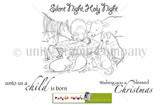 The Unto Us red rubber stamp set: line-art of a nativity manger scene with the sentiments 'Silent Night, Holy Night', 'unto us a child is born' and 'Wishing you a blessed Christmas'.