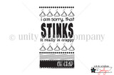 Stamp image for Sorry It Stinks: rows of small swirls above and below the words 'i am sorry, that STINKS it really is crappy', with 'OH CRAP' reversed out of a black band.