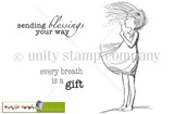 Line-art red rubber stamp of a little girl blowing a dandelion with 'every breath is a gift' and 'sending blessings your way.'