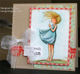 The dandelion girl in a blue dress on a layered patterned card with 'every breath is a gift.'