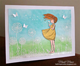 The dandelion girl on a soft blue meadow scene with white butterflies.