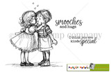 Smooches and Stuff red rubber stamp set - a little girl and boy leaning in for a kiss with tiny hearts above them, plus 'smooches and hugs' and 'I think you are kinda special.'