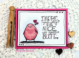 Pink chubby bird with hearts on a white panel framed in hot pink beside the sentiment 'I hope your day is as nice as your butt'