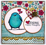 Teal chubby bird with hearts on a white circle over floral paper with the sentiment 'SENDING happy thoughts'