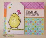 Tag card with a yellow chubby bird and pink hearts over polka-dot and plaid papers, sentiment 'i love you just the way you are'