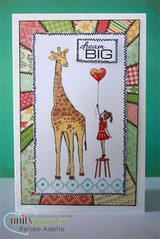 Card with the giraffe and little girl framed by a patchwork quilt border in reds and greens, a red heart balloon and a stitched 'dream BIG' label