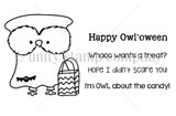 Stamp sheet: a fluffy-faced owl draped in a ghost sheet with a bat bow tie holding a zigzag trick-or-treat bag, with 'Happy Owl'oween', 'Whooo wants a treat?', 'Hope I didn't scare you' and 'I'm OWL about the candy!'.