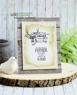 Sample card with the stag on a distressed panel over barnwood paper.