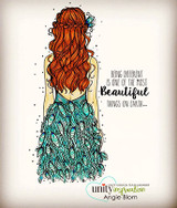 Card with the girl colored with bright copper hair and a turquoise peacock feather gown on a soft cream background, beside the 'BEING DIFFERENT IS ONE OF THE MOST Beautiful THINGS ON EARTH' sentiment