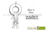 Hanging In There red rubber stamp set from Unity Stamp Co, a girl hanging upside down from a tire swing with "Hang in there..." and "may you always find happiness."