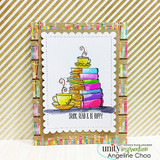 Card with the colored book stack and teacup over a bookshelf background: 'Drink, read & be happy.'