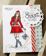 Girl in a red Santa dress with white fur trim holding a snowflake on a white card with a pearl swirl, doily and 'good friends are like Snowflakes, all different and all beautiful'.