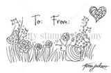 Dilly-Dallyer envelope art red rubber stamp set from Unity Stamp Co, a snail among doodled flowers and grass with a heart and the "To:" and "From:" stamps.