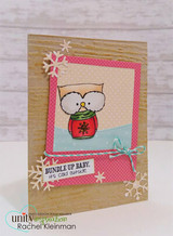 Card with the owl coloured tan and red on a woodgrain panel with pink dotted paper and white snowflakes, sentiment "BUNDLE UP BABY, it's cold outside."