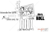 Vicki, Catherine & Leica girls red rubber stamp set from Unity Stamp Co, three friends holding a photo frame with "friends for LIFE," "girls just wanna have fun" and "this is how we ROLL."