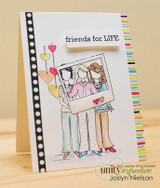 Kraft card with a black and white dotted strip down the side, the three girlfriends colored in soft pinks and tans, and "friends for LIFE" stamped on a white strip above them.