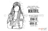 Indie Girl red rubber stamp set - line art of a free-spirited girl in a beaded headband with long hair and layered necklaces, beside 'what makes you different is what makes you beautiful.'