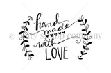 Line-art itty bitty stamp reading 'hand made with love' in script wreathed by leafy laurel sprigs and small hearts.