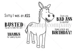 The Jack {ass} red rubber stamp — a grinning donkey with adult-humor sentiments like 'from one bad ass to another' and 'have a kick ass birthday.'