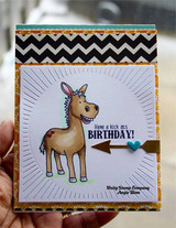 The donkey colored on a sunburst panel with an arrow accent — 'have a kick ass BIRTHDAY!'